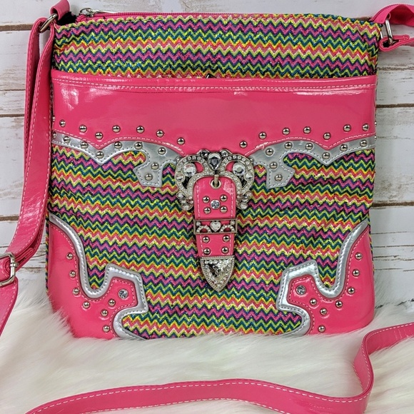 Simple Feather Boutique Handbags - Pink Tribal Belt Buckle Crossbody Bag